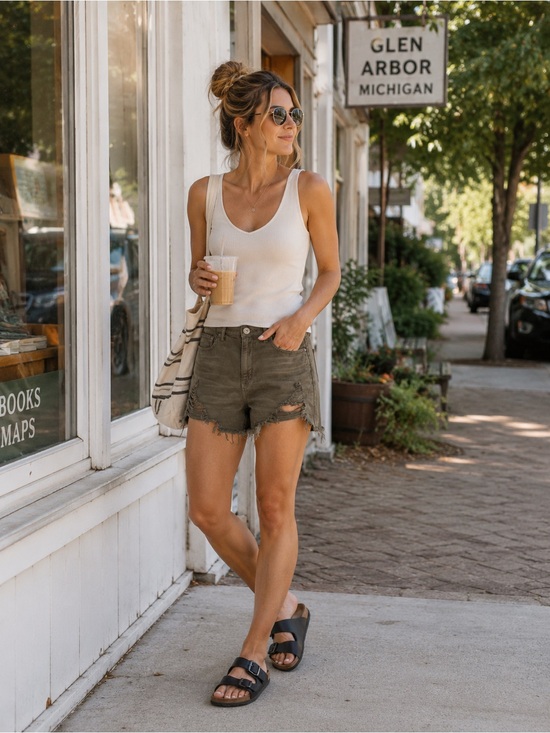American Eagle Outfitters Pants - American Eagle Highest Rise Mom Shorts Olive Distressed Cutoff Size 8